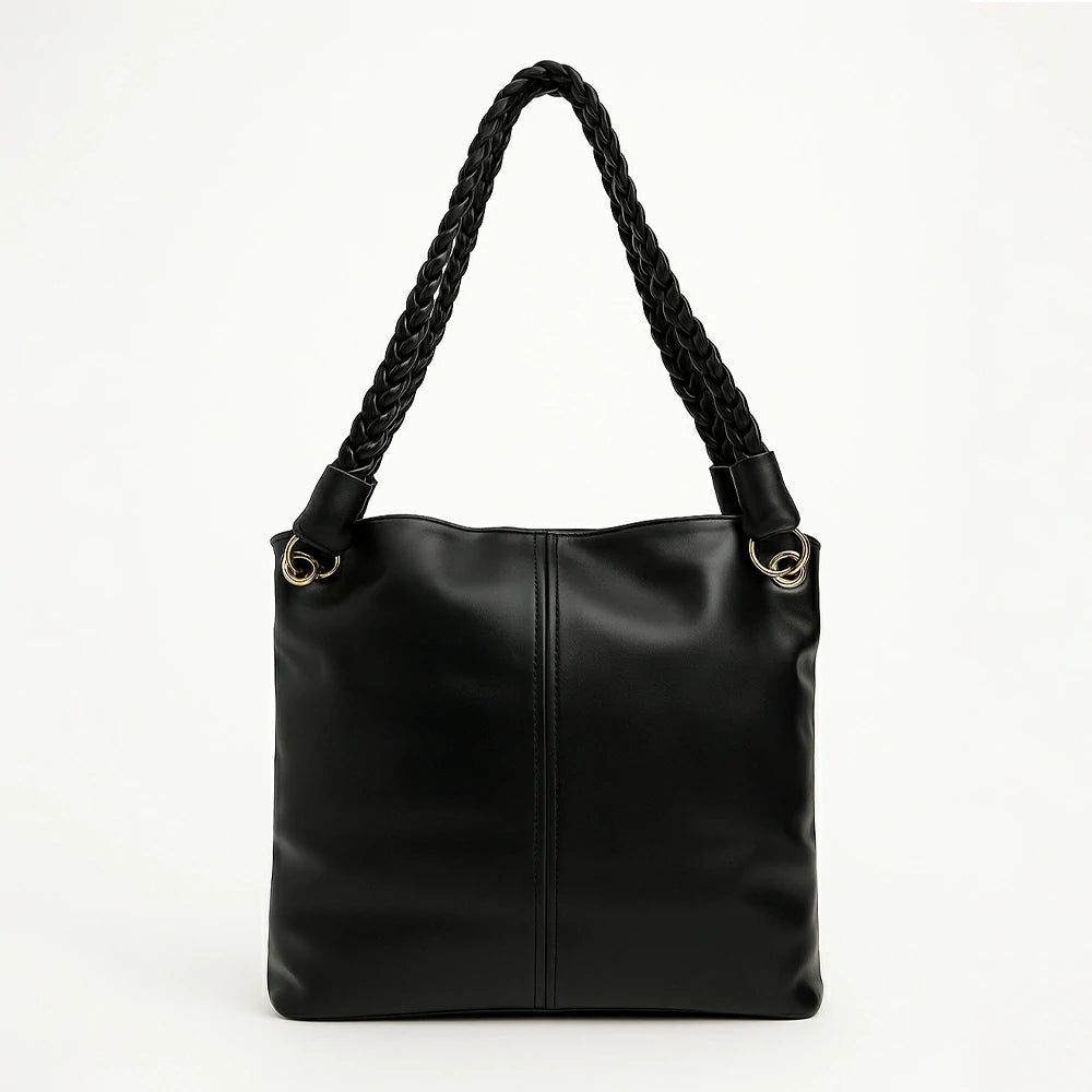 Tan Braided Handle Slouch Tote with Charm Pouch