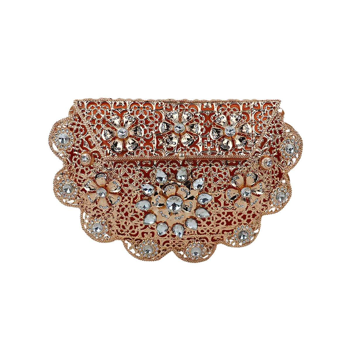Luxury Gold Metal Clutch with Crystal Embellishments – Elegant Party & Wedding Bag