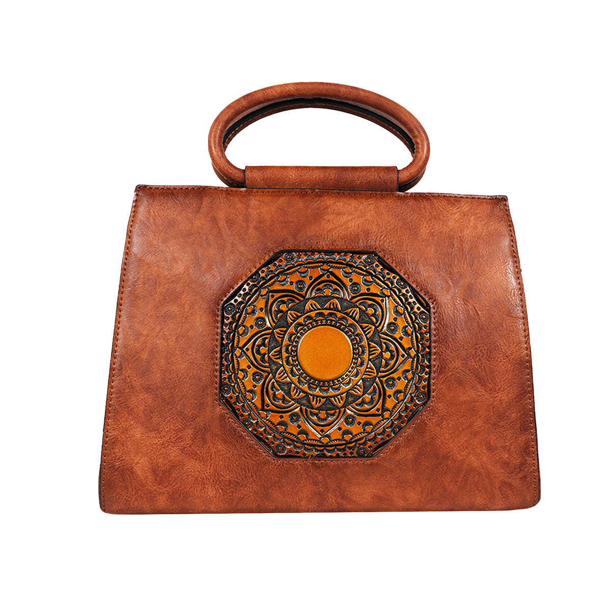 Vintage PU Leather Handbag with Mandala Embossed Design – Boho Chic
