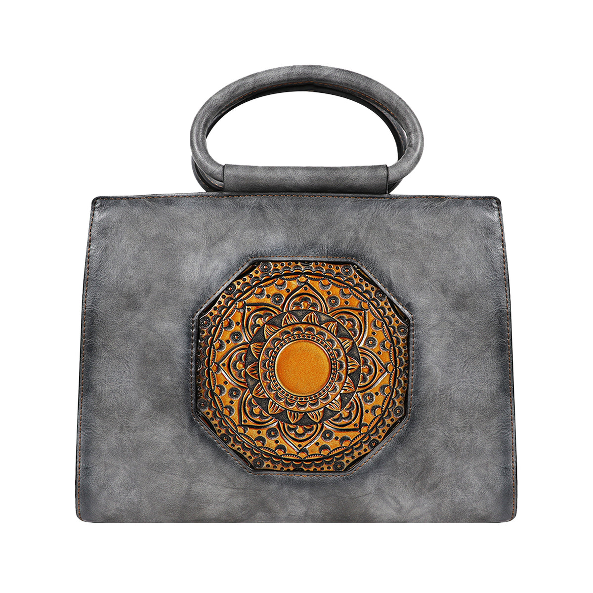 Vintage PU Leather Handbag with Mandala Embossed Design – Boho Chic