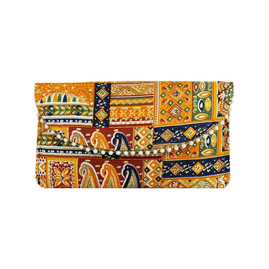 Women Black Ethnic Printed Clutch with Pearl Detailing โ Traditional Party Envelope Handbag