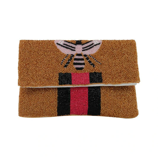 Women’s Bee Embellished Beaded Clutch with Detachable Chain Strap