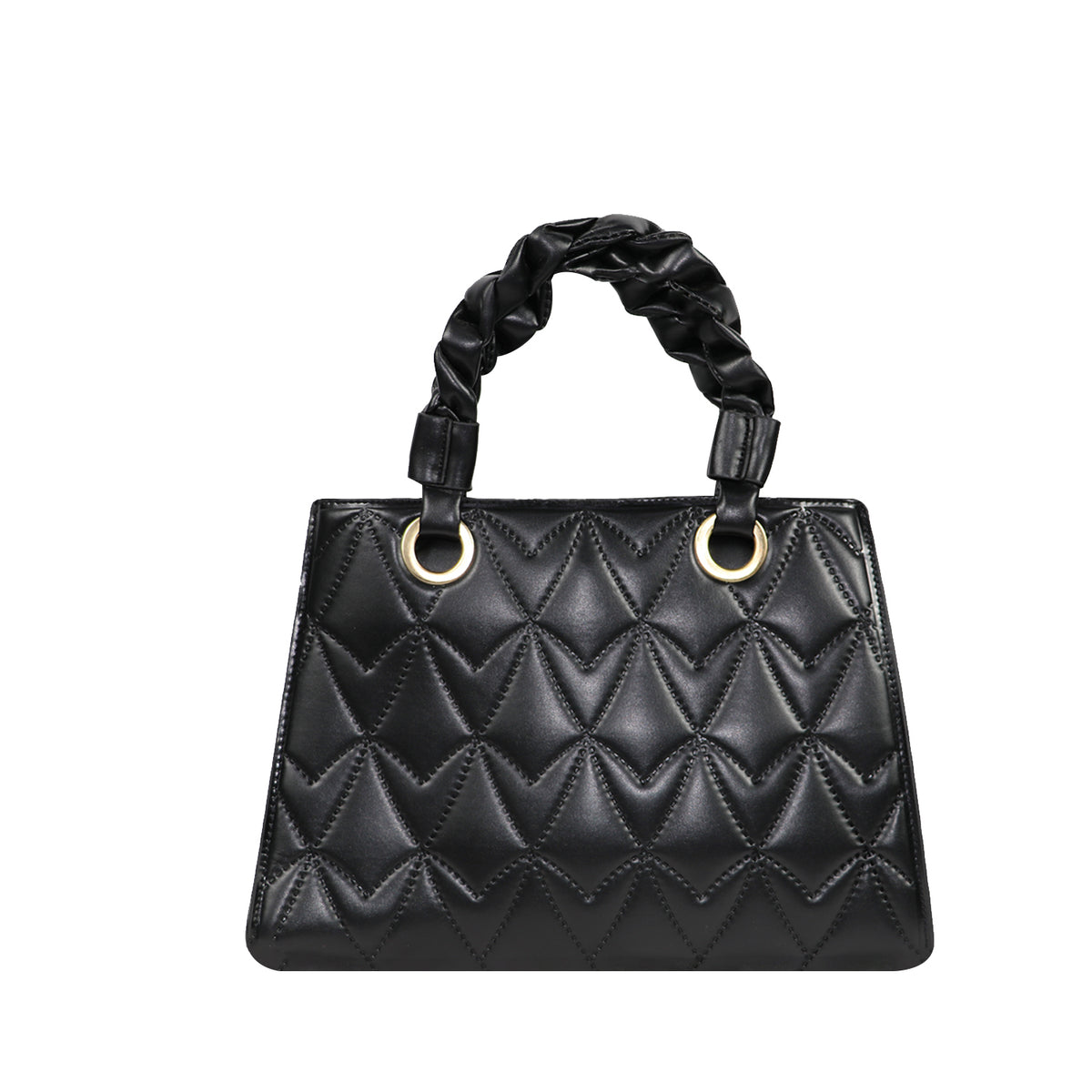 Black Quilted Luxe Handbag – Elegant Tote with Braided Handle & Gold Accents