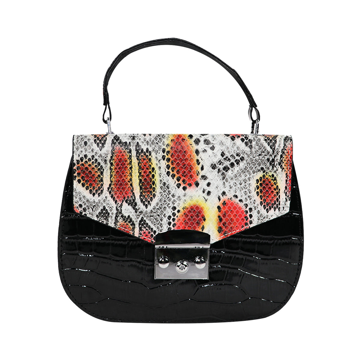 Snake Print Handbag, Black & Multicolor