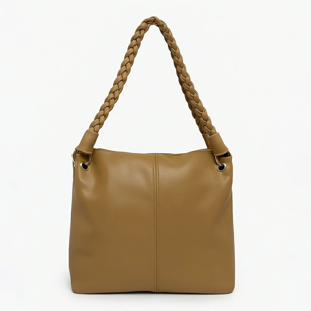 Tan Braided Handle Slouch Tote with Charm Pouch