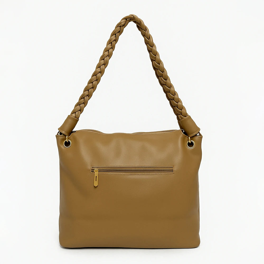 Tan Braided Handle Slouch Tote with Charm Pouch