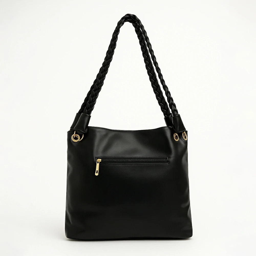 Tan Braided Handle Slouch Tote with Charm Pouch