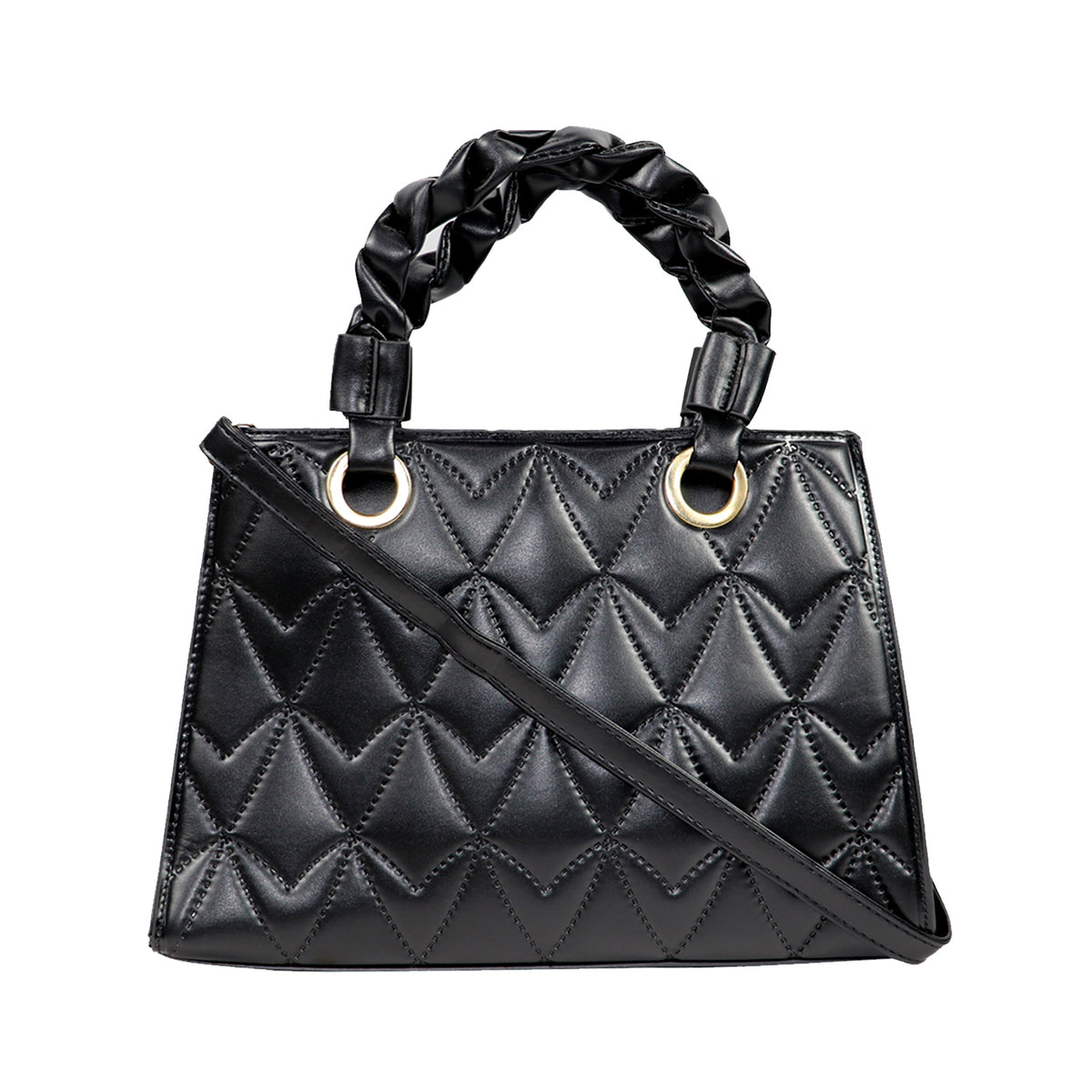 Black Quilted Luxe Handbag – Elegant Tote with Braided Handle & Gold Accents
