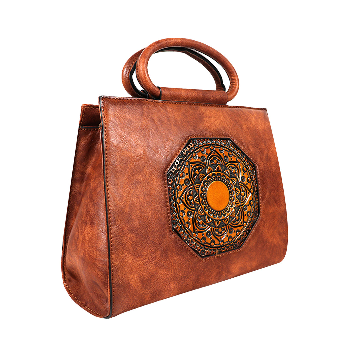 Vintage PU Leather Handbag with Mandala Embossed Design – Boho Chic