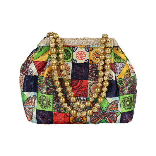 Womenโs Multicolor Patchwork Handbag with Golden Beaded Handle