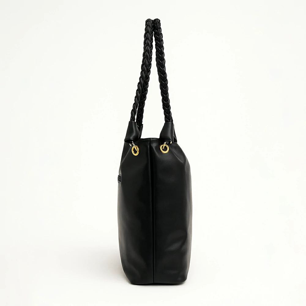 Tan Braided Handle Slouch Tote with Charm Pouch