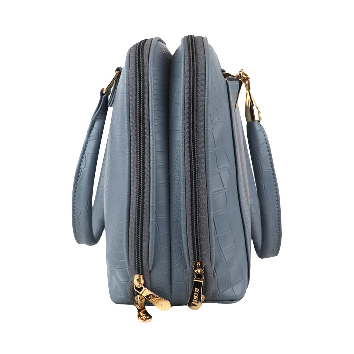 Sophisticated Grey Croc-Texture Handbag – Elegant with Gold Accents