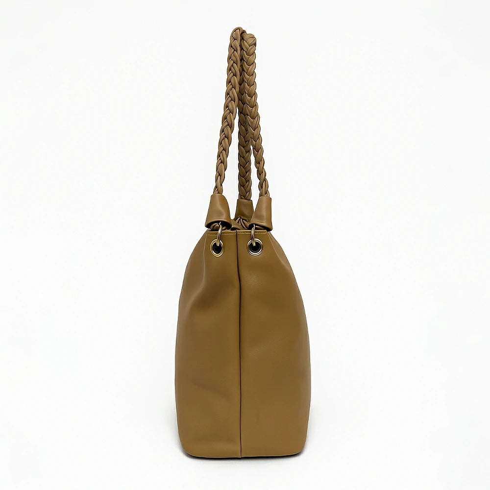 Tan Braided Handle Slouch Tote with Charm Pouch