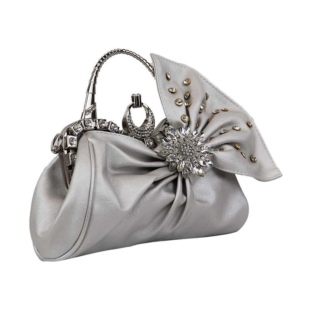 Silver Bow Clutch with Crystal Studs for Evening