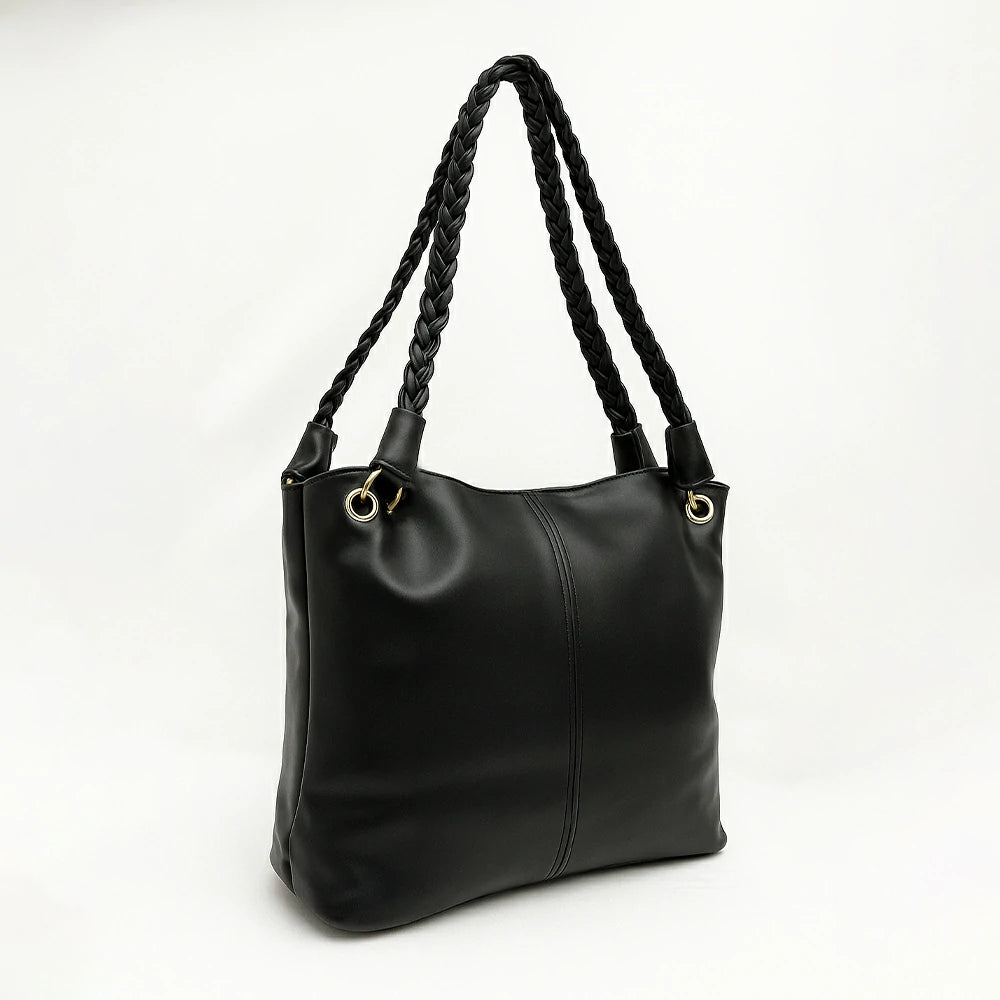 Tan Braided Handle Slouch Tote with Charm Pouch