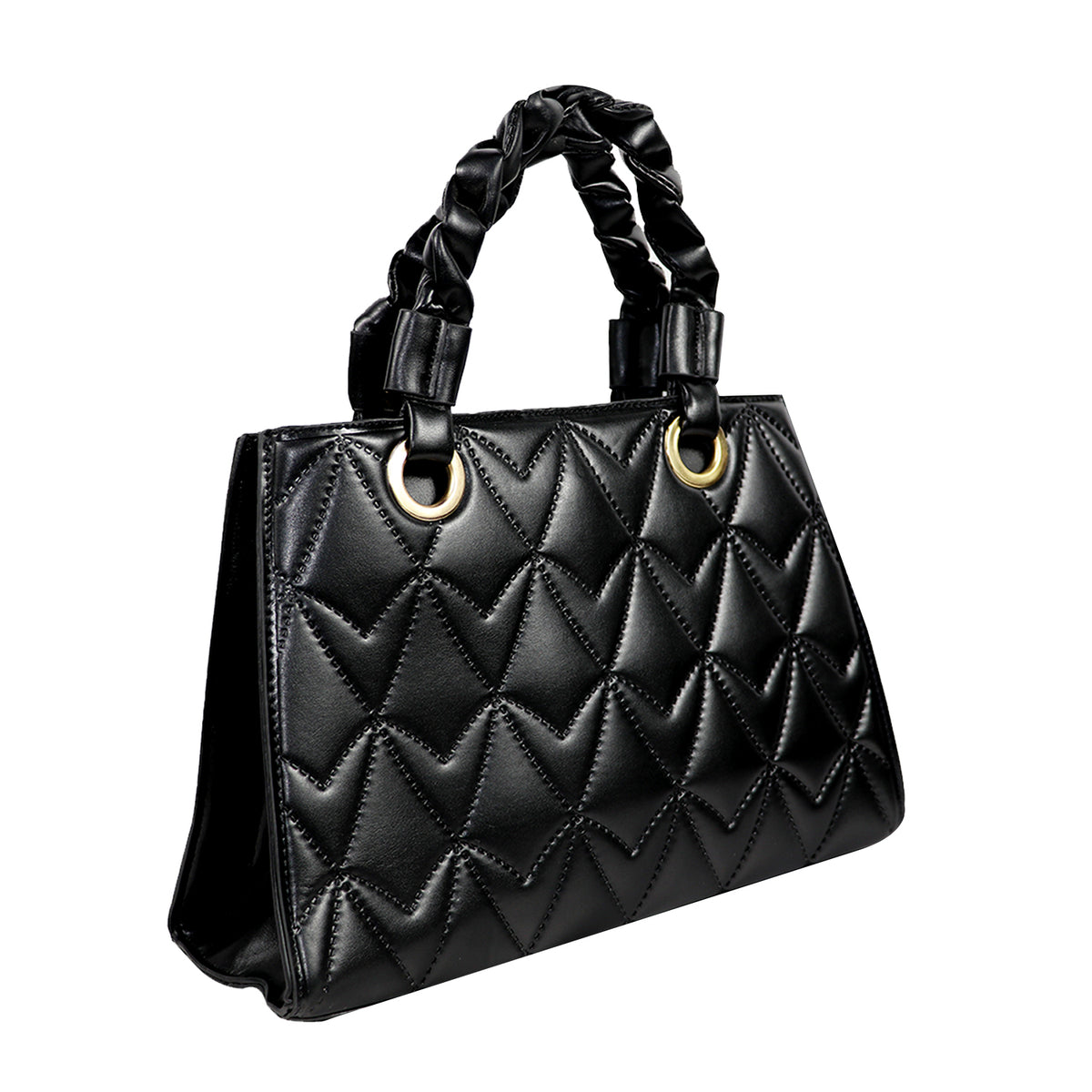 Black Quilted Luxe Handbag – Elegant Tote with Braided Handle & Gold Accents