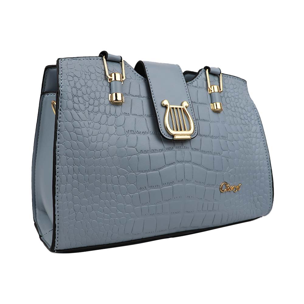 Luxury Grey Croc-Textured Handbag – Elegant Designer Tote with Gold Accents