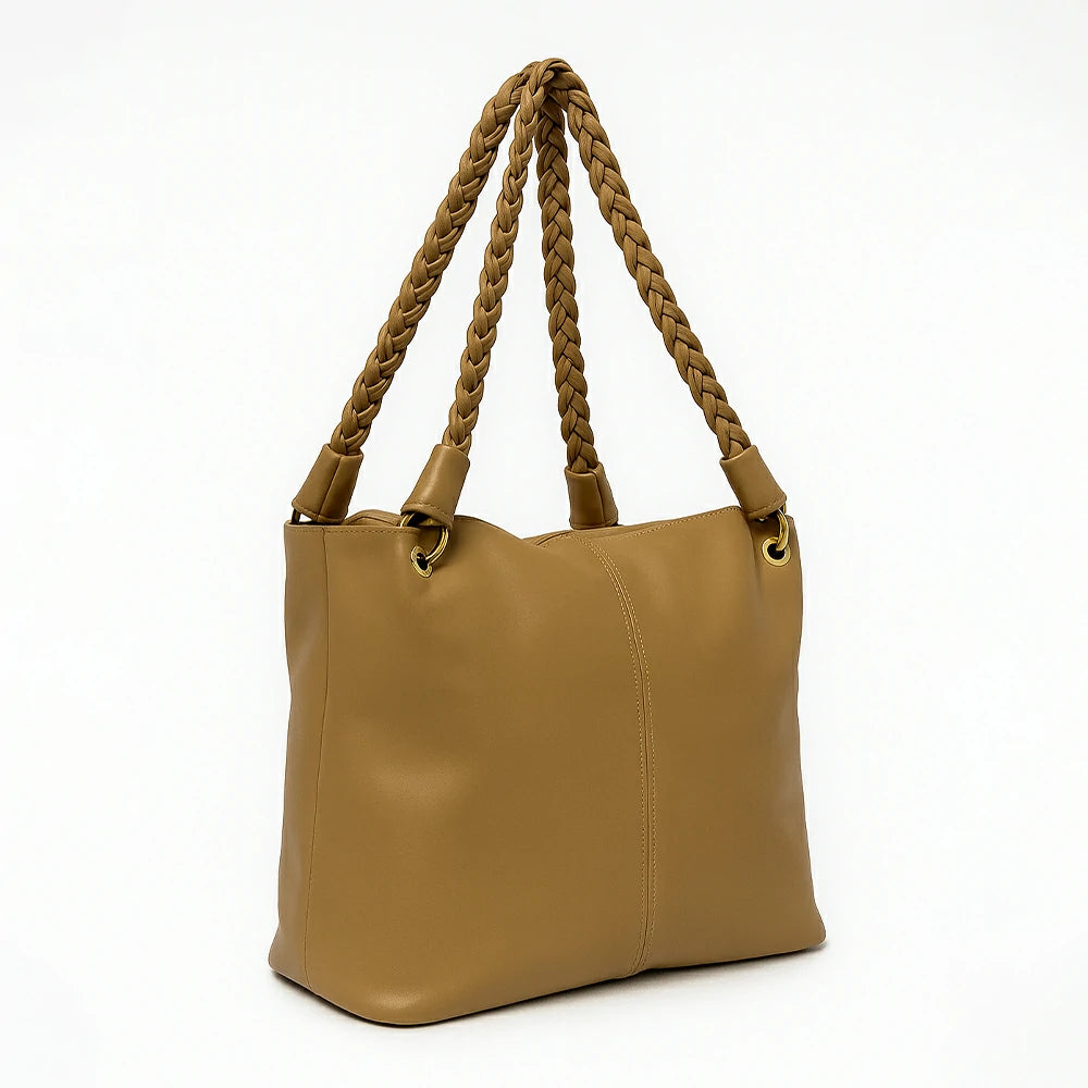 Tan Braided Handle Slouch Tote with Charm Pouch