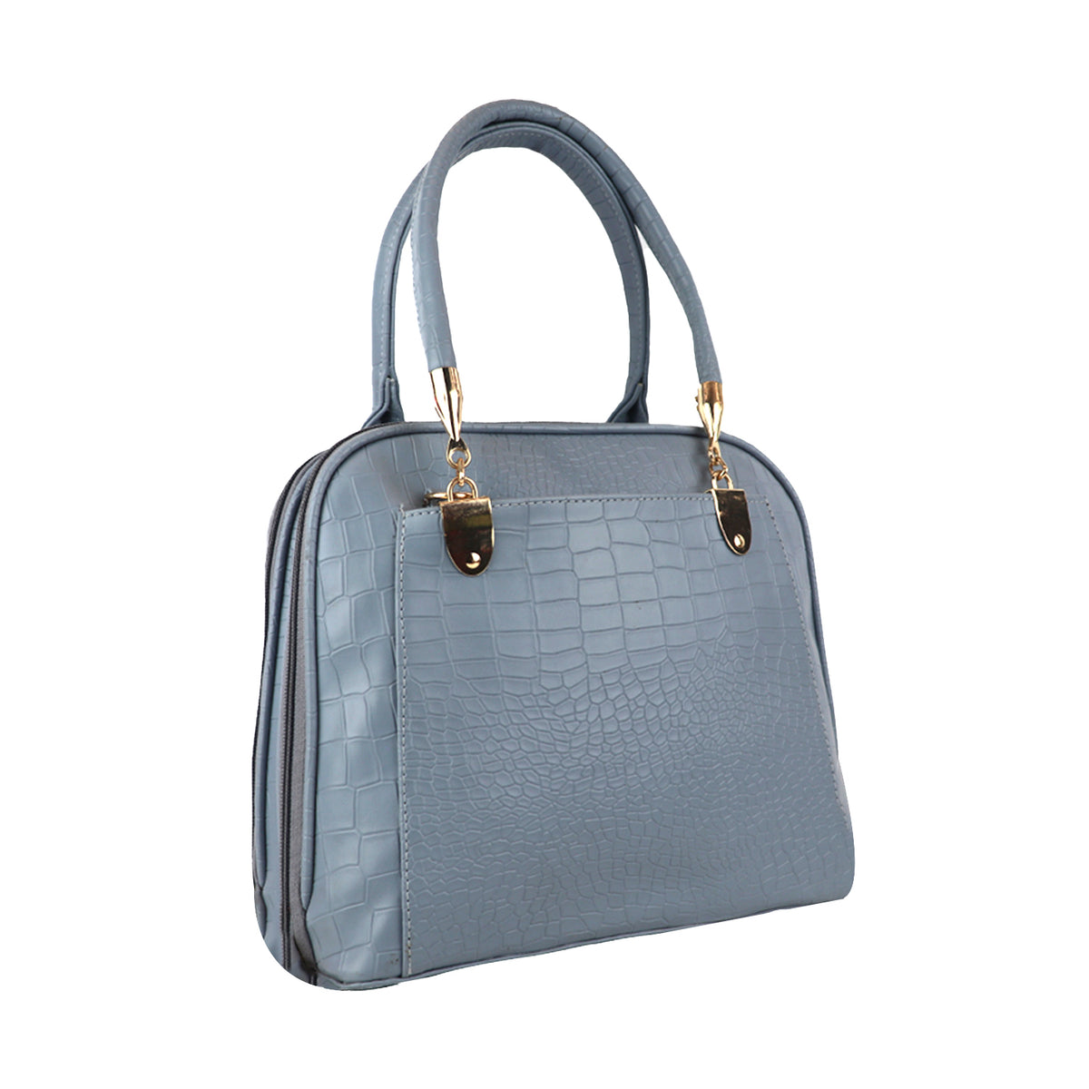 Sophisticated Grey Croc-Texture Handbag – Elegant with Gold Accents