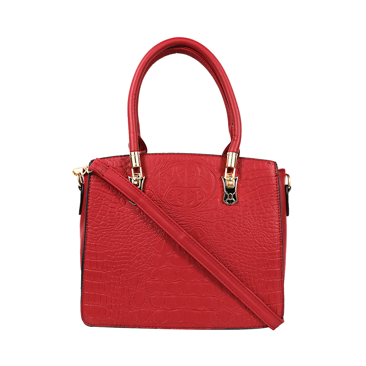 Croc-Embossed Handbag with Gold Accents