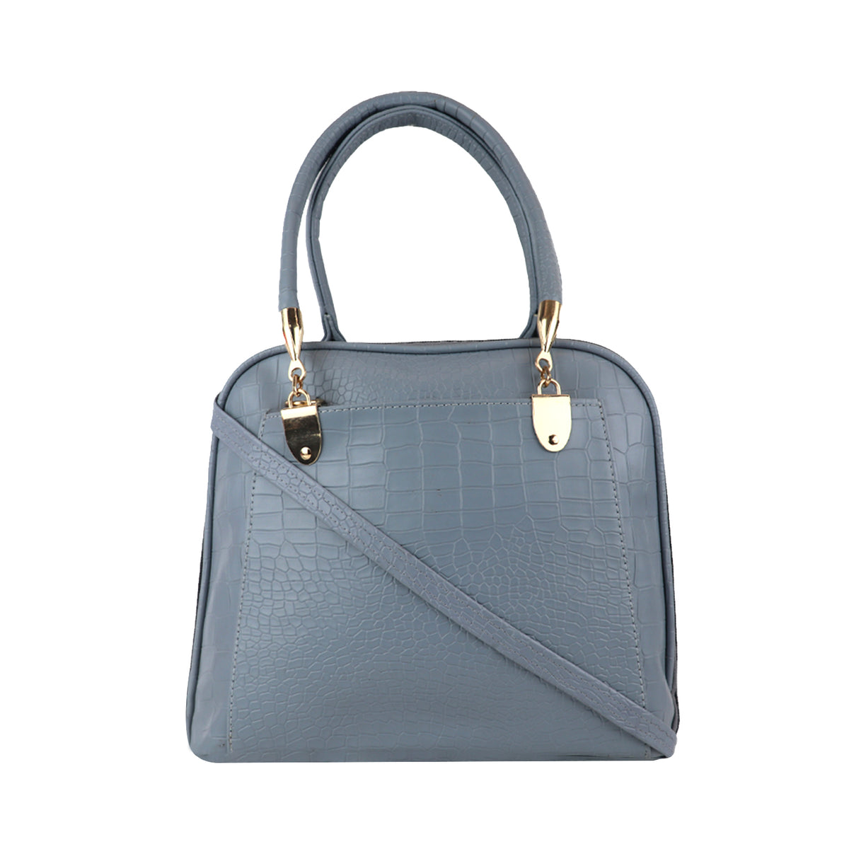 Sophisticated Grey Croc-Texture Handbag – Elegant with Gold Accents