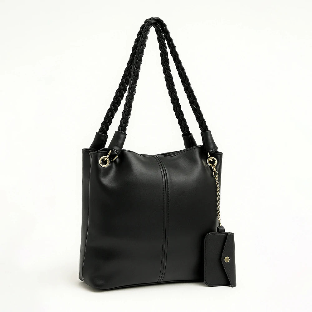 Tan Braided Handle Slouch Tote with Charm Pouch
