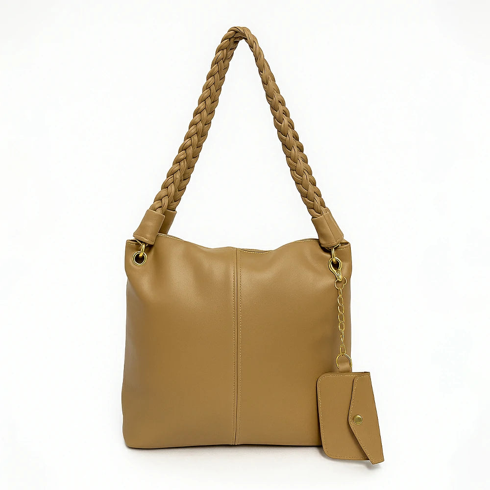 Tan Braided Handle Slouch Tote with Charm Pouch