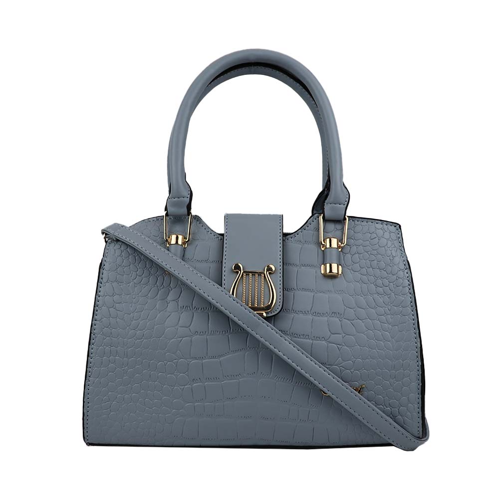 Luxury Grey Croc-Textured Handbag – Elegant Designer Tote with Gold Accents