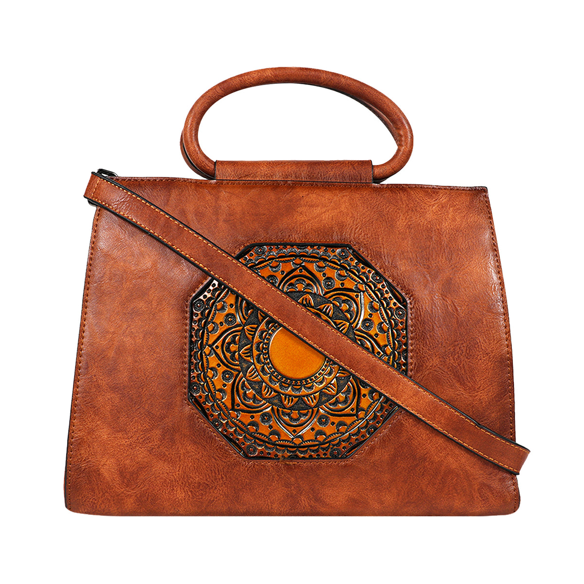 Vintage PU Leather Handbag with Mandala Embossed Design – Boho Chic