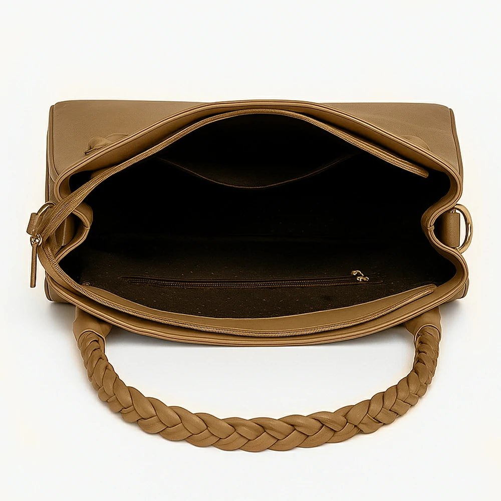 Tan Braided Handle Slouch Tote with Charm Pouch