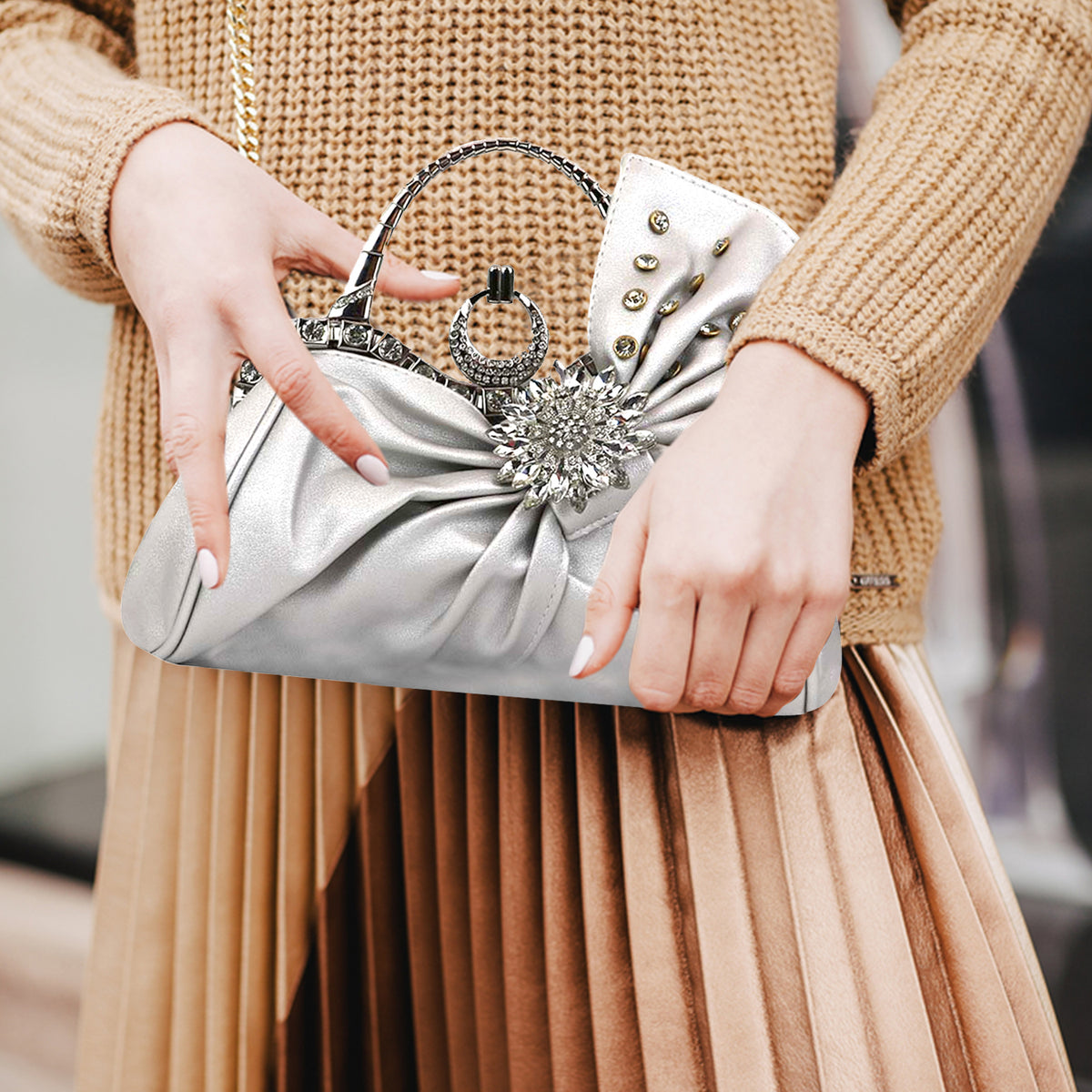 Silver Bow Clutch with Crystal Studs for Evening