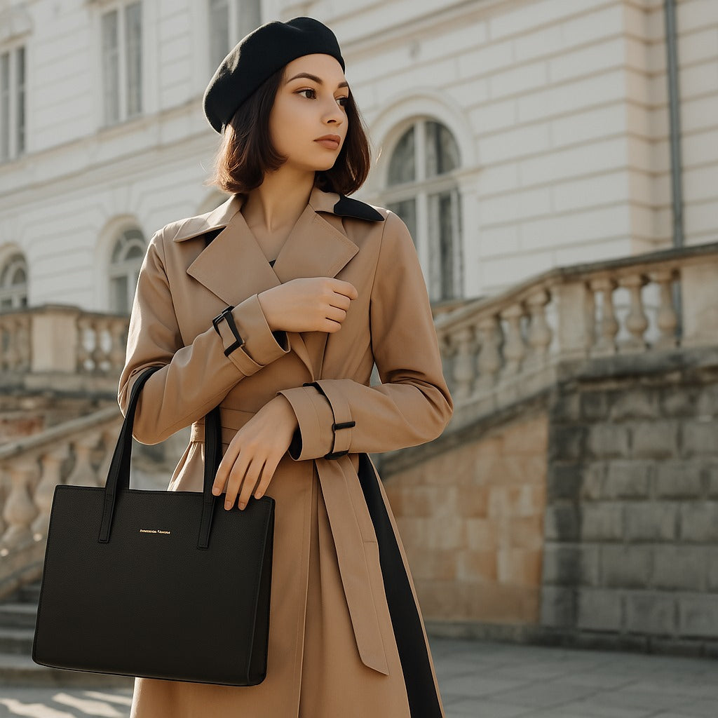 Classic Taupe Structured Tote Bag – Multi-Compartment Office Handbag