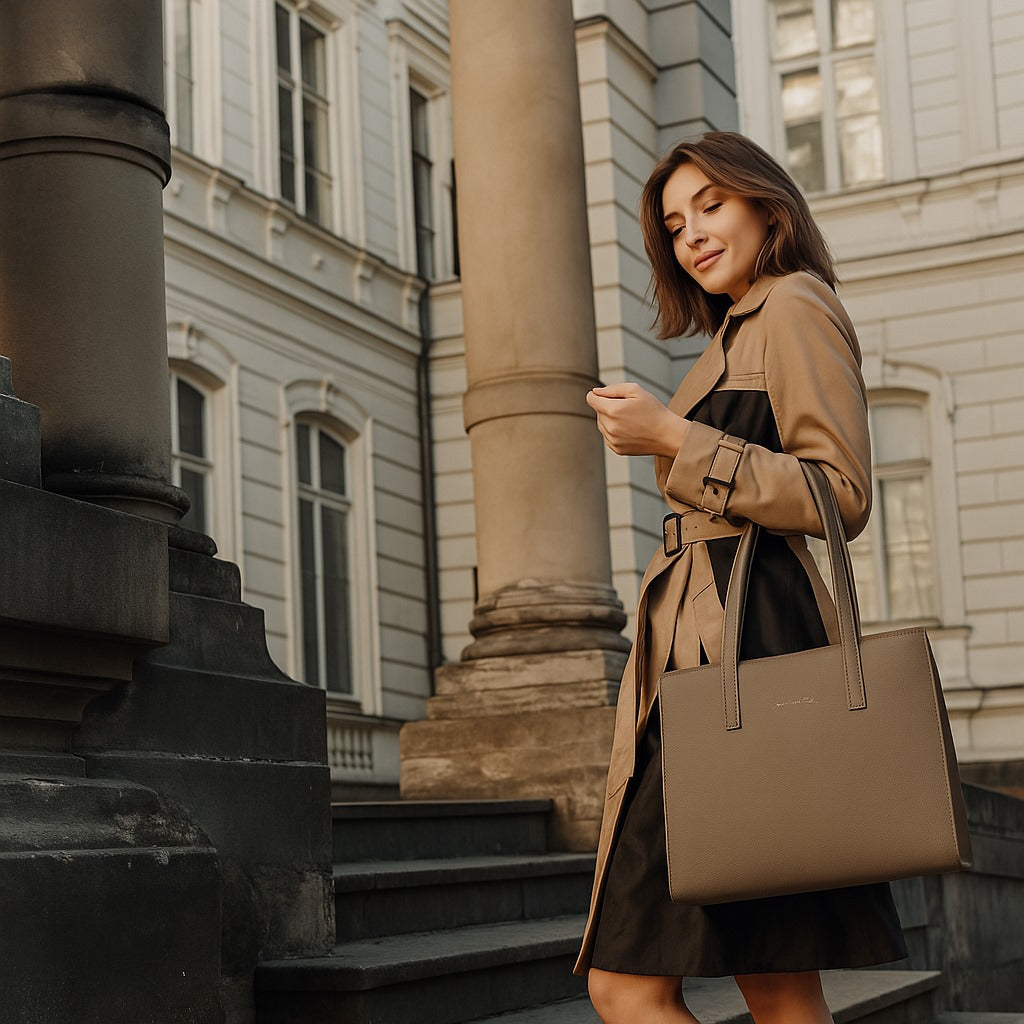 Classic Taupe Structured Tote Bag – Multi-Compartment Office Handbag