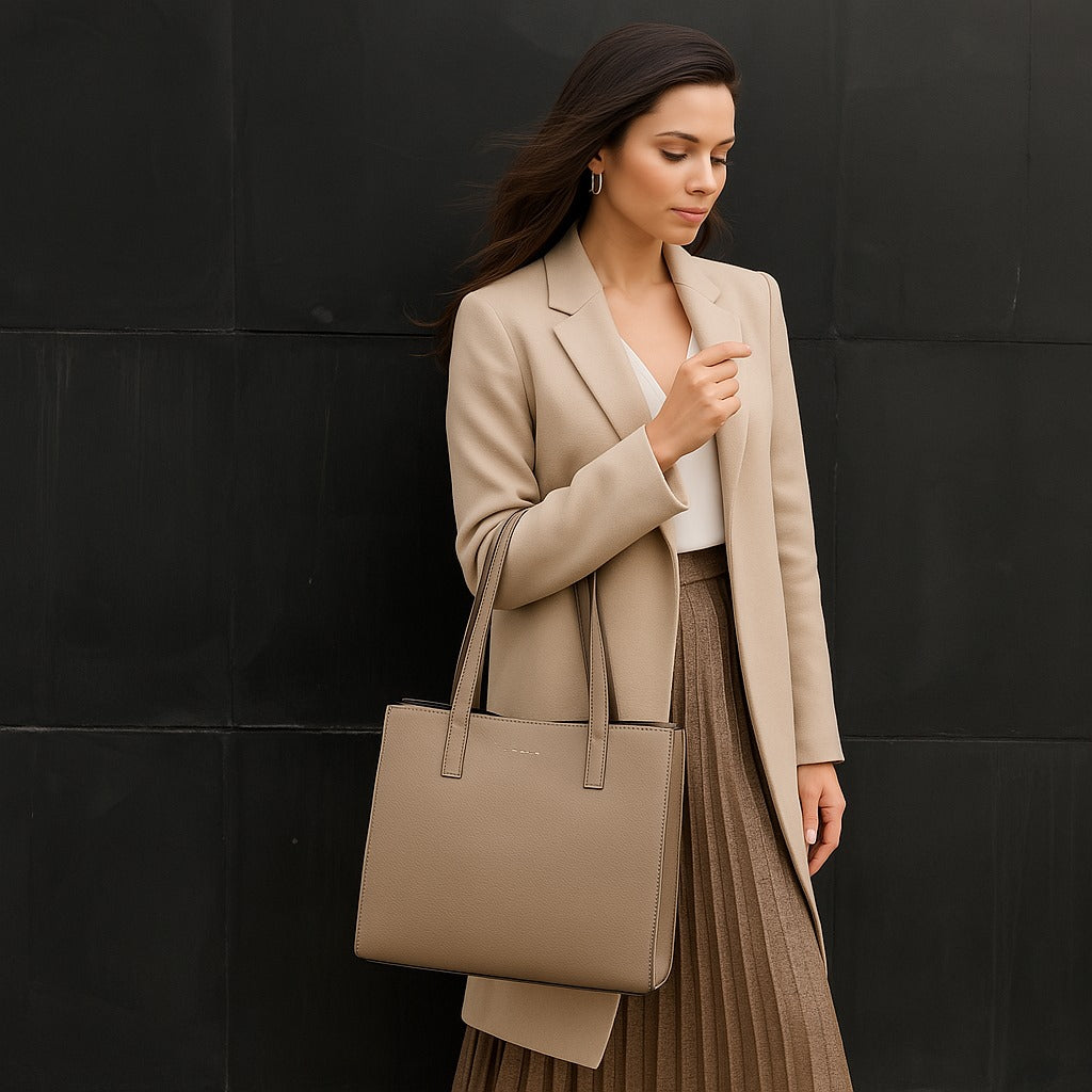 Classic Taupe Structured Tote Bag – Multi-Compartment Office Handbag