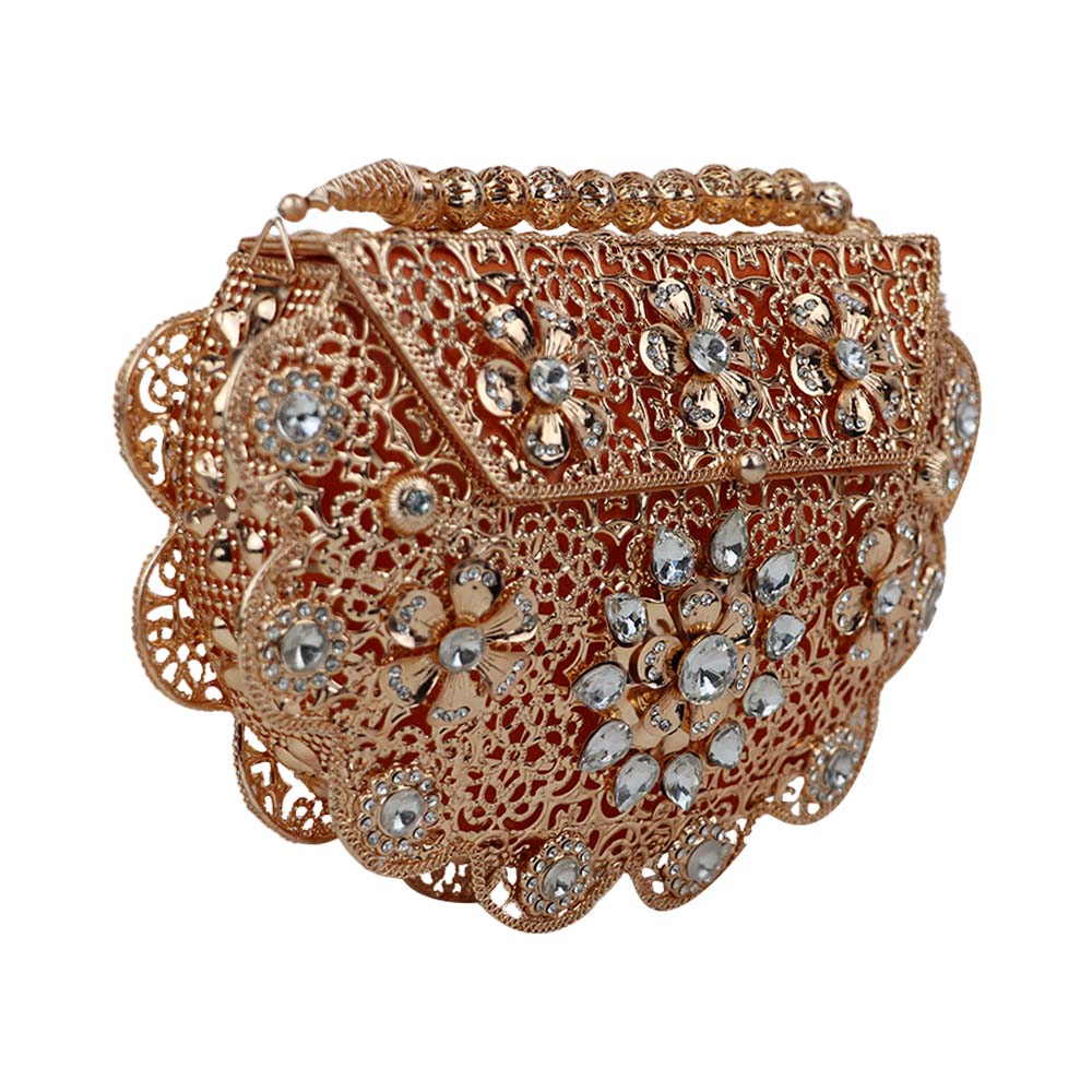 Luxury Gold Metal Clutch with Crystal Embellishments – Elegant Party & Wedding Bag
