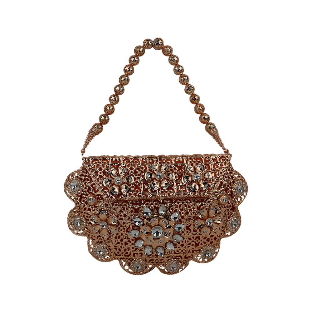 Luxury Gold Metal Clutch with Crystal Embellishments – Elegant Party & Wedding Bag