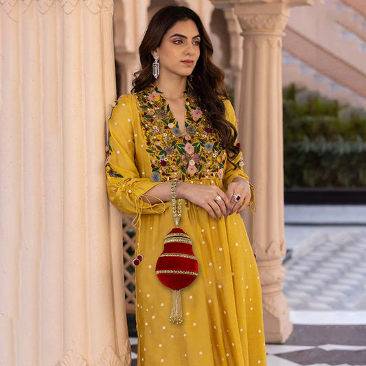 Red Velvet Potli with Gold Embellishments Coin Purse