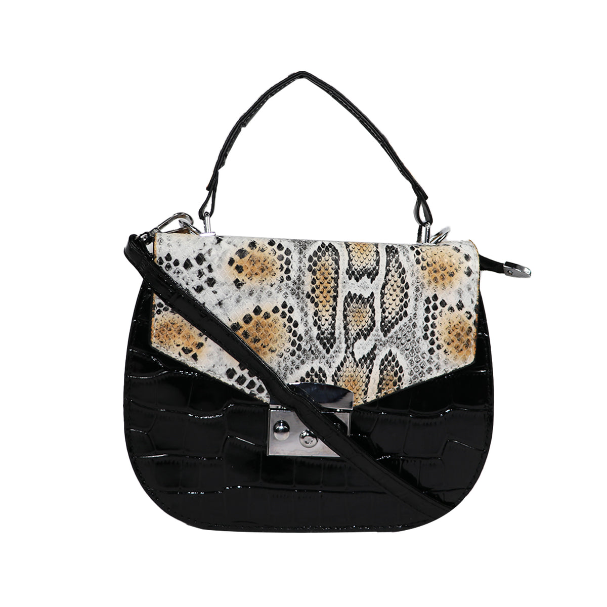 Snake Print Handbag, Black & Multicolor