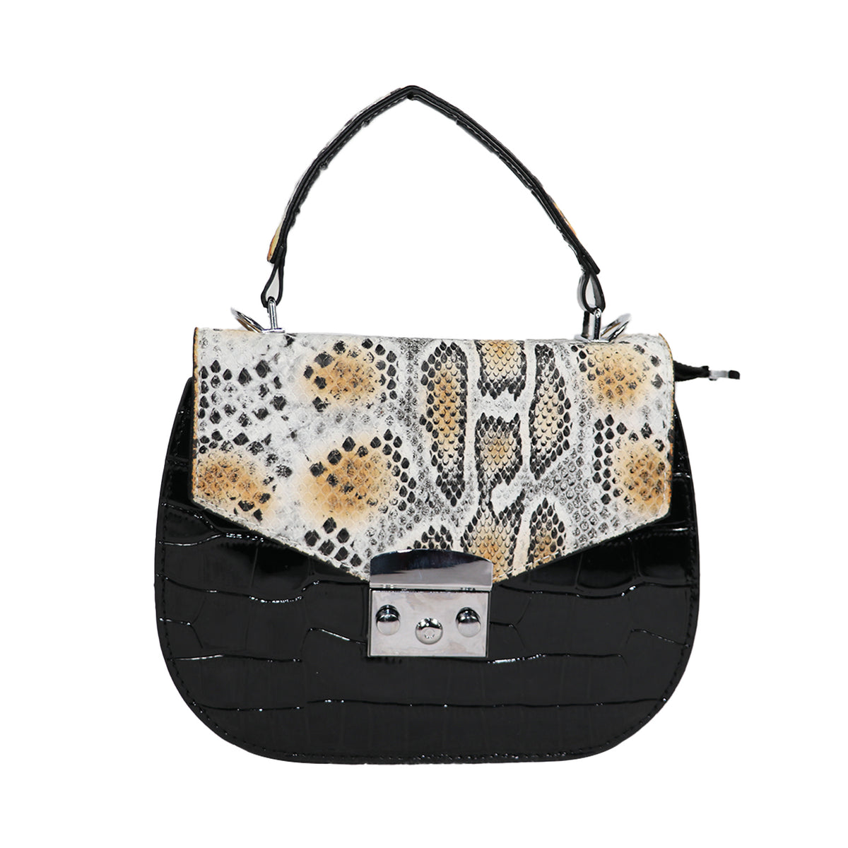 Snake Print Handbag, Black & Multicolor