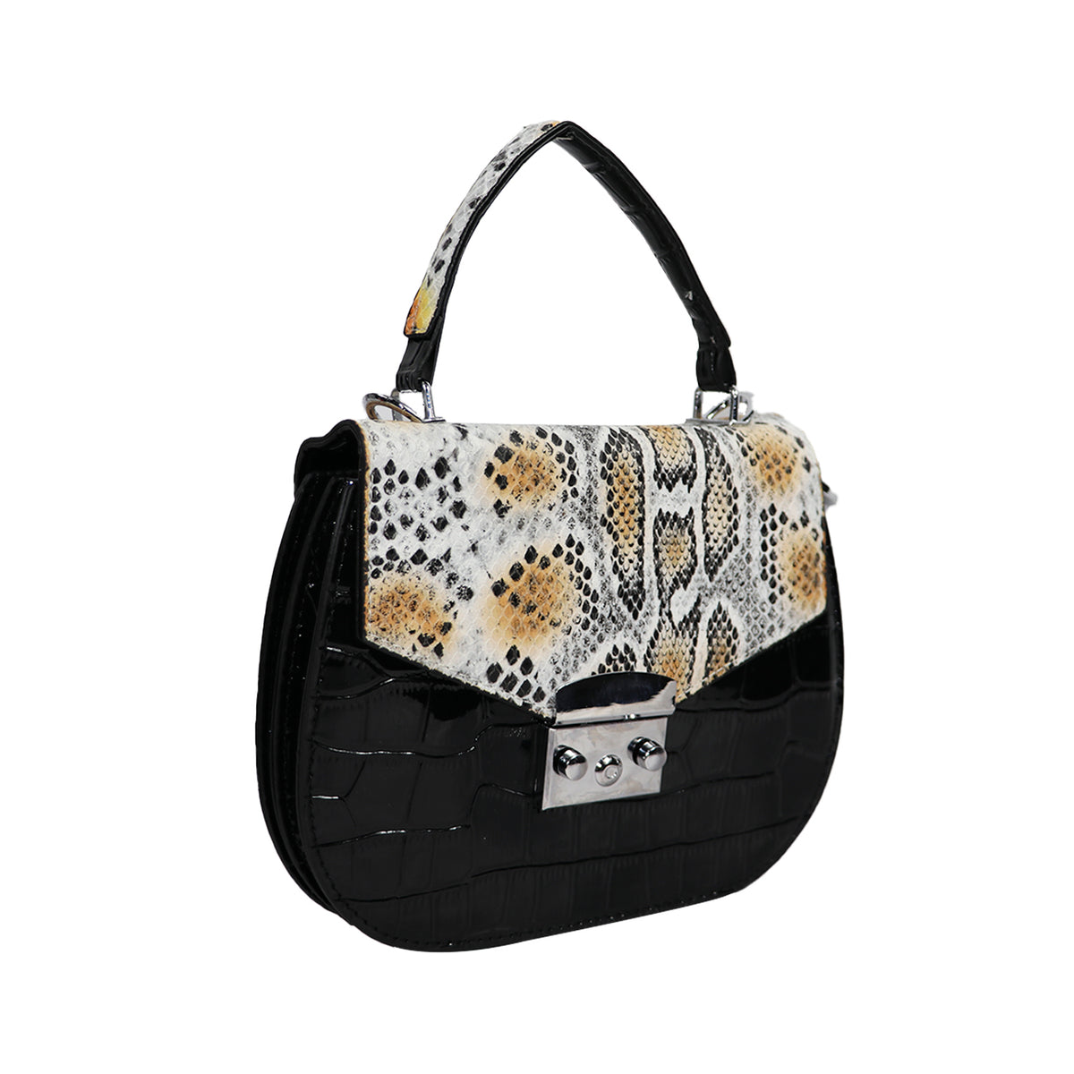 Snake Print Handbag, Black & Multicolor
