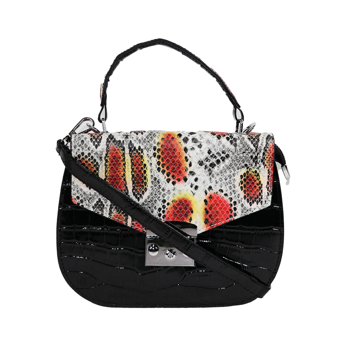 Snake Print Handbag, Black & Multicolor
