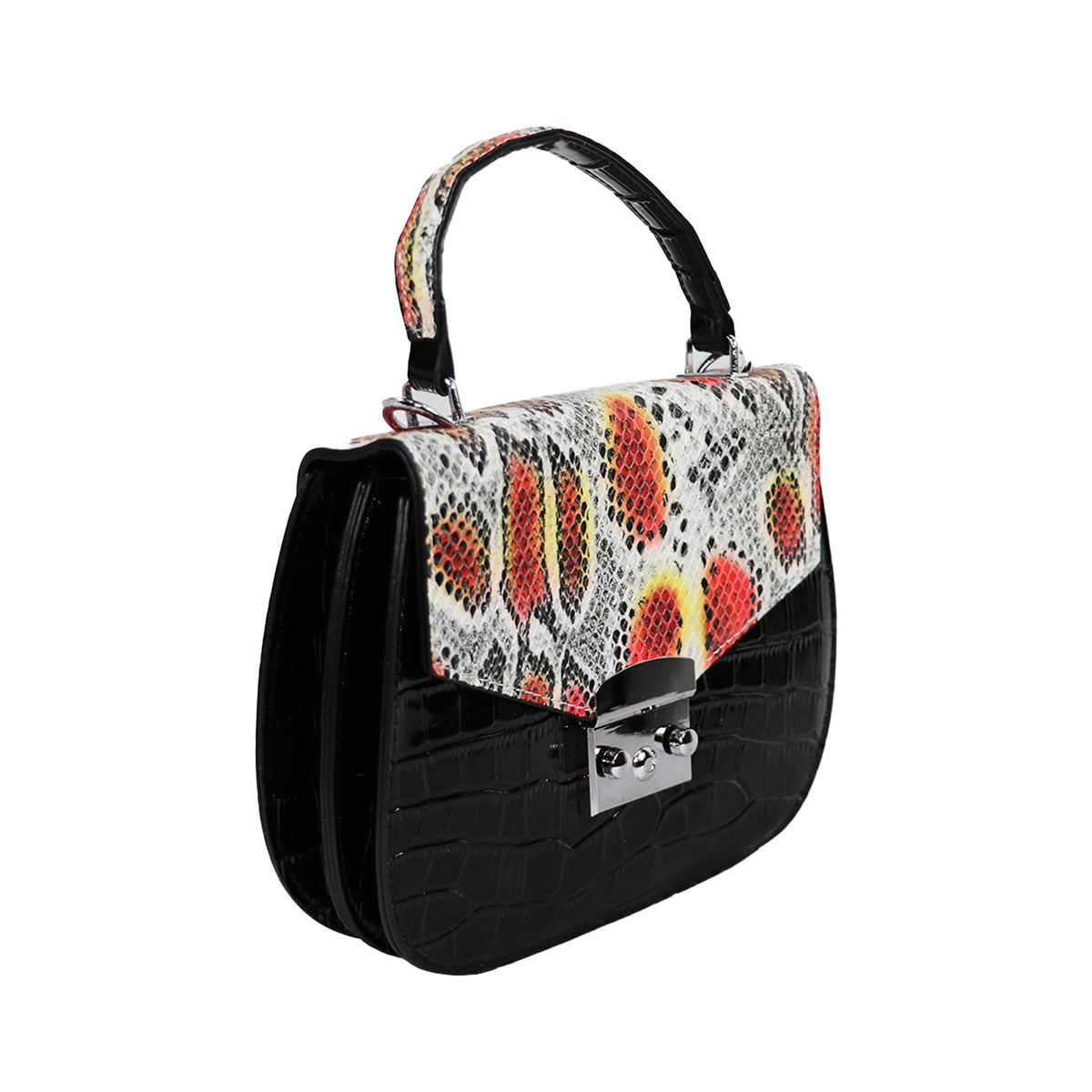 Snake Print Handbag, Black & Multicolor