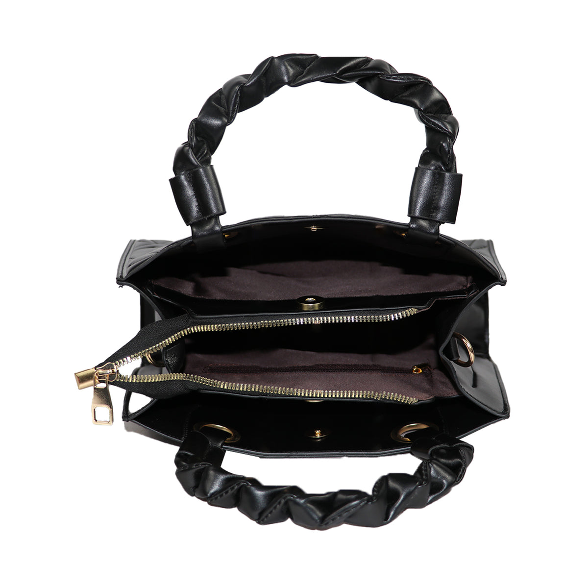 Black Quilted Luxe Handbag – Elegant Tote with Braided Handle & Gold Accents