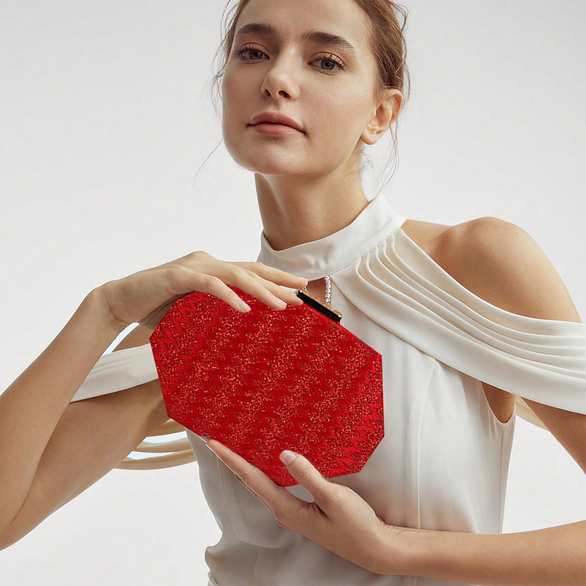 Red Glam Octagon Clutch – Sparkling Evening Bag with Gold Chain