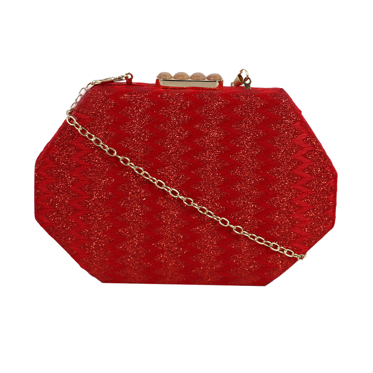Red Glam Octagon Clutch – Sparkling Evening Bag with Gold Chain