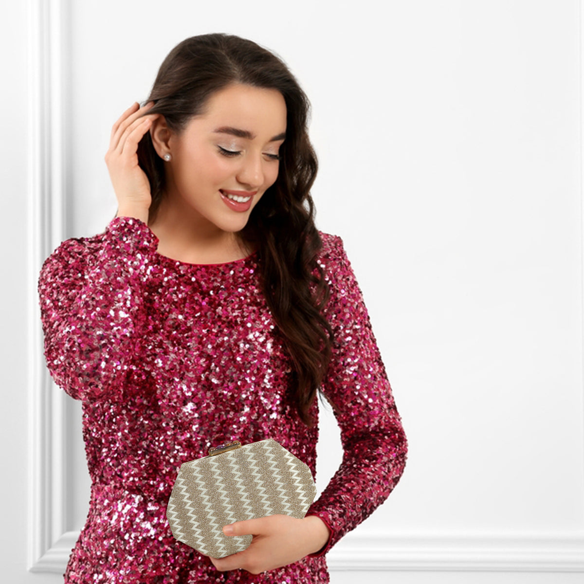 Red Glam Octagon Clutch – Sparkling Evening Bag with Gold Chain