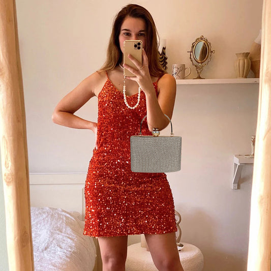 Silver Glitter Clutch with Croc Texture & Gold Handle