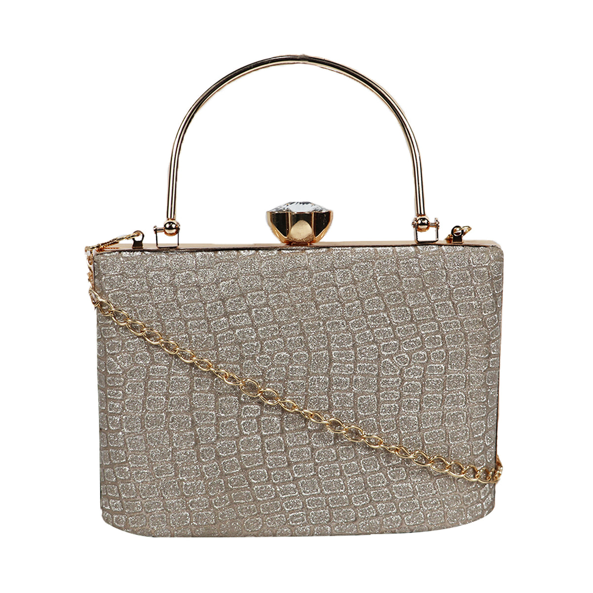 Elegant Silver Glitter Clutch – Luxe Croc-Texture Evening Bag with Gold Handle