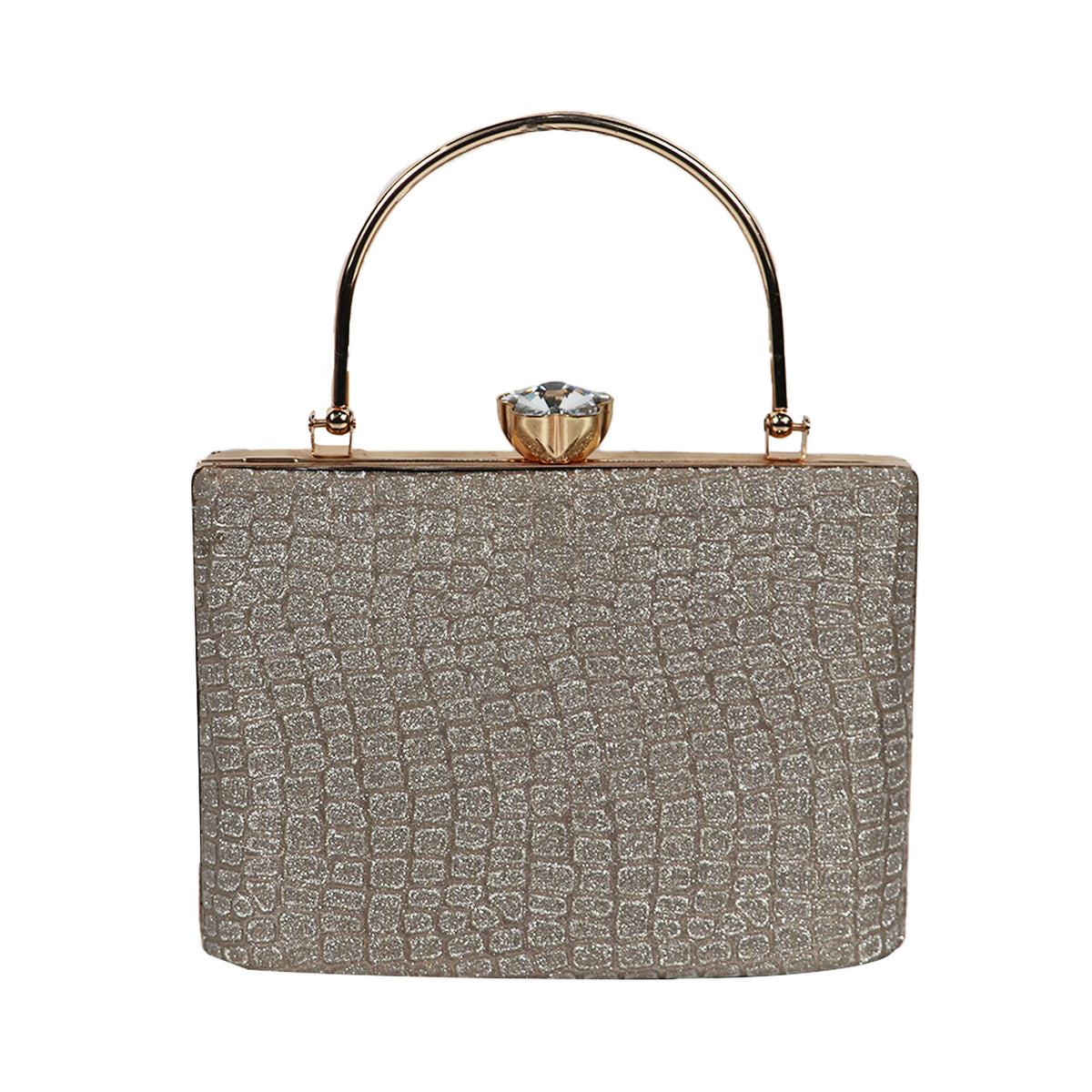 Elegant Silver Glitter Clutch – Luxe Croc-Texture Evening Bag with Gold Handle
