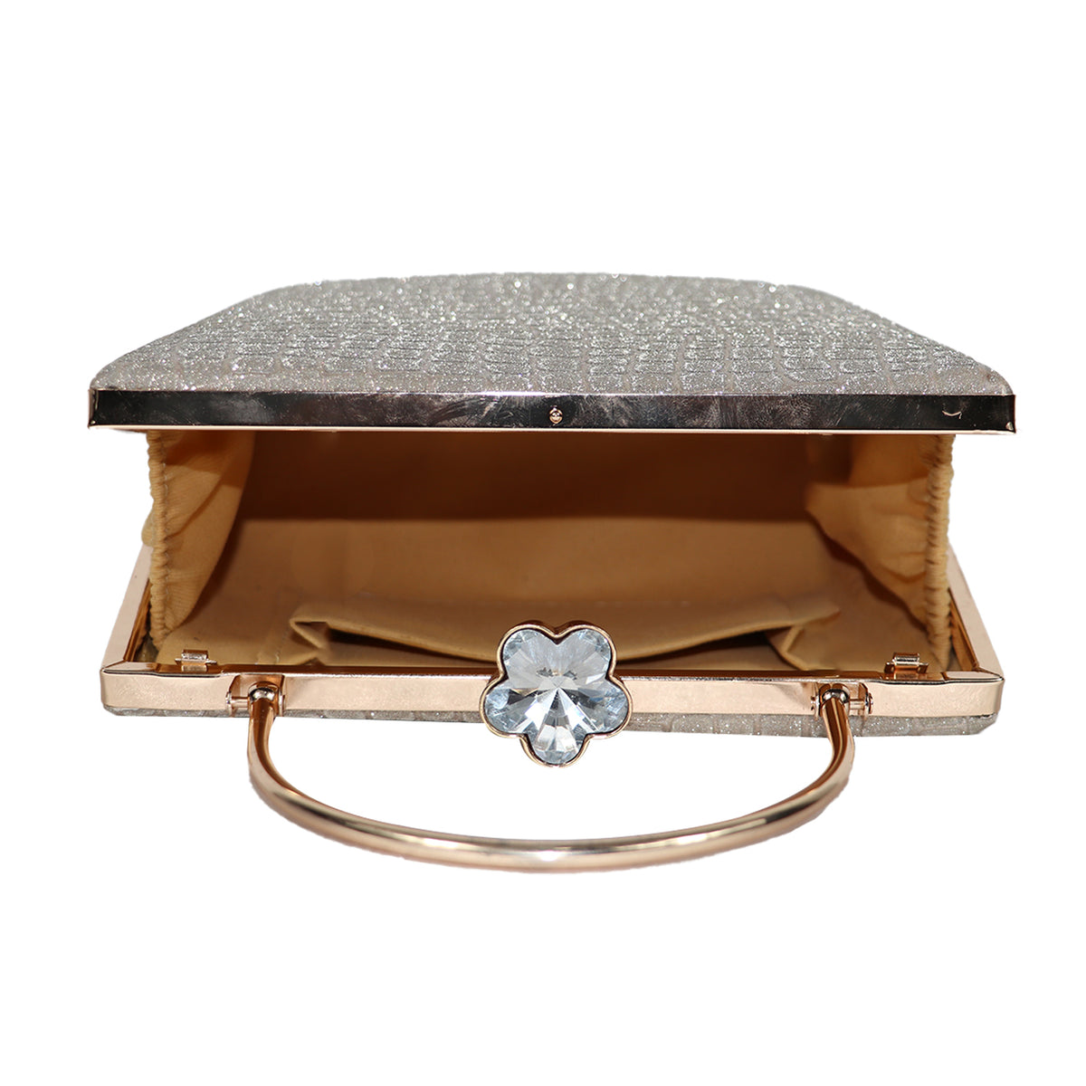 Elegant Silver Glitter Clutch – Luxe Croc-Texture Evening Bag with Gold Handle